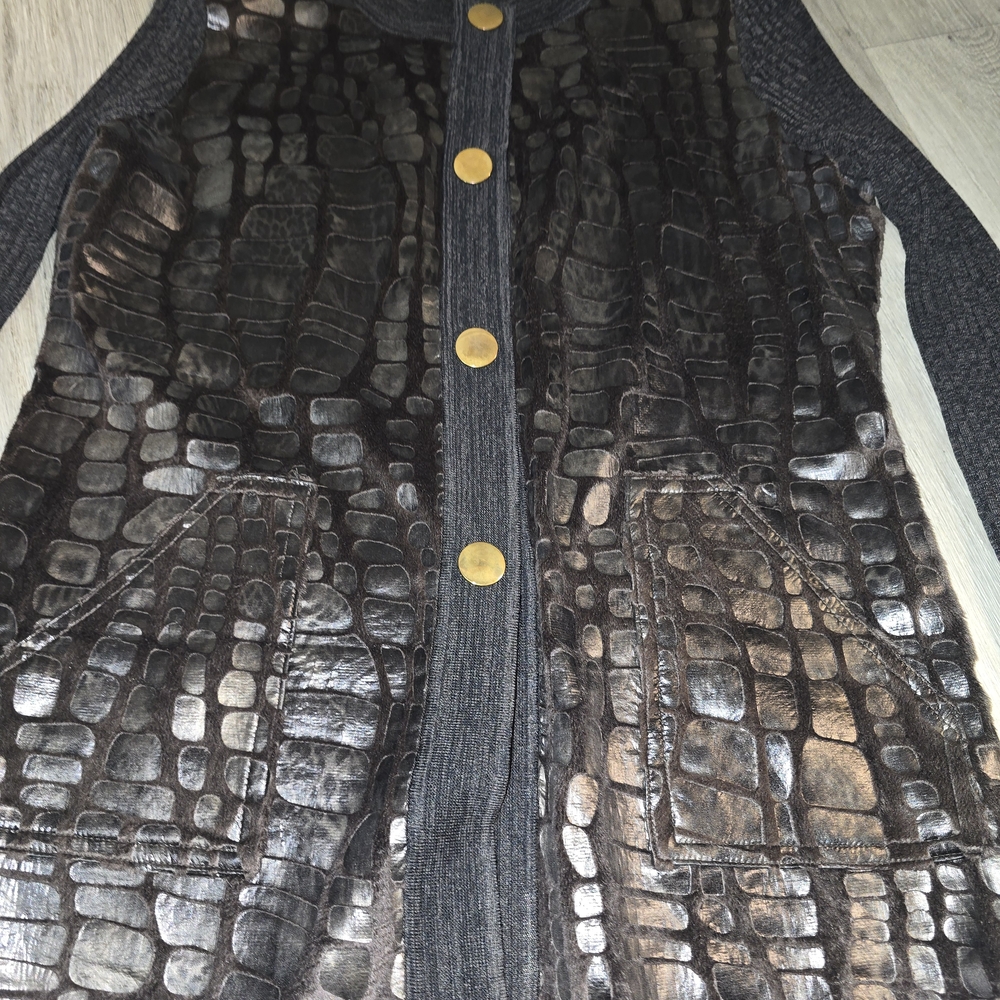 Misook Black Croc-Embossed Long Button-Front Cardigan with Gold Buttons - Picture 2 of 4